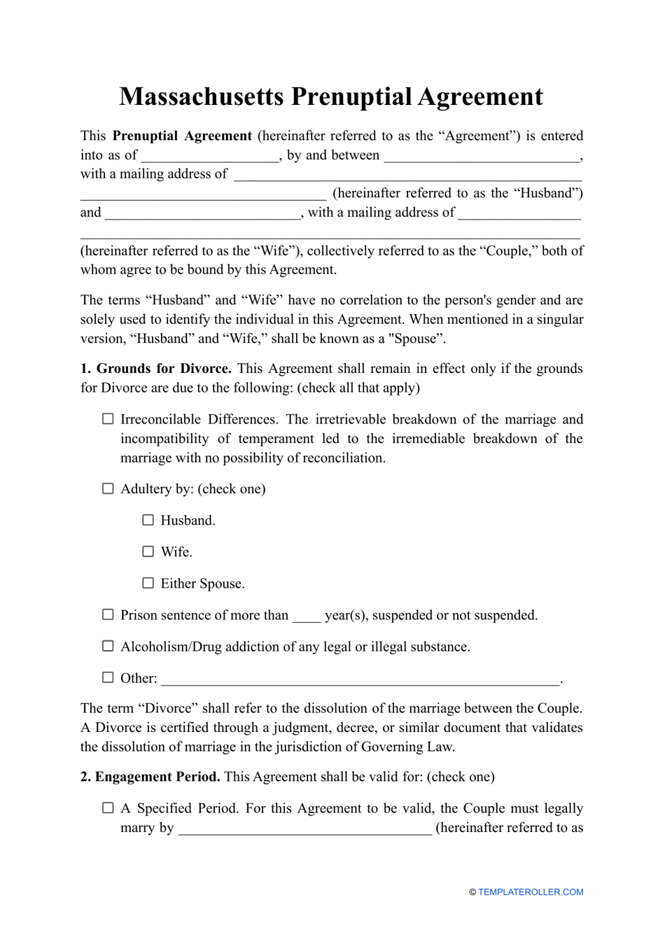 Prenuptial Agreement Template - Massachusetts, Page 1