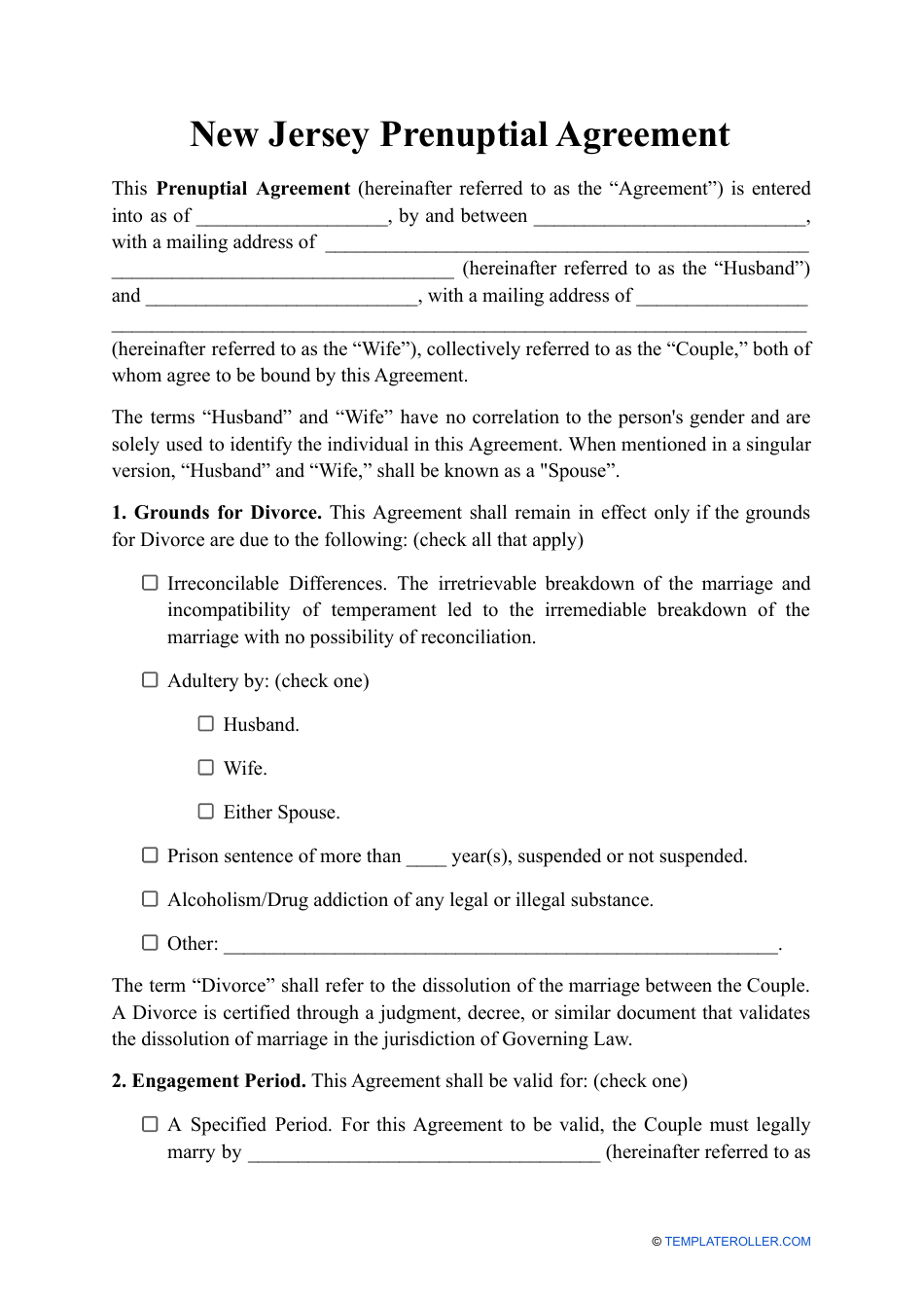 Prenuptial Agreement Template - New Jersey, Page 1