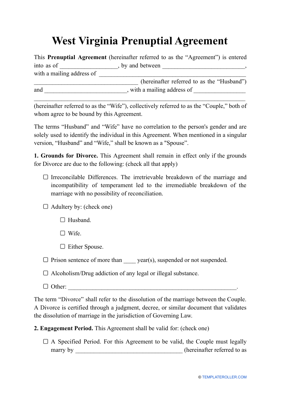 Prenuptial Agreement Template - West Virginia, Page 1