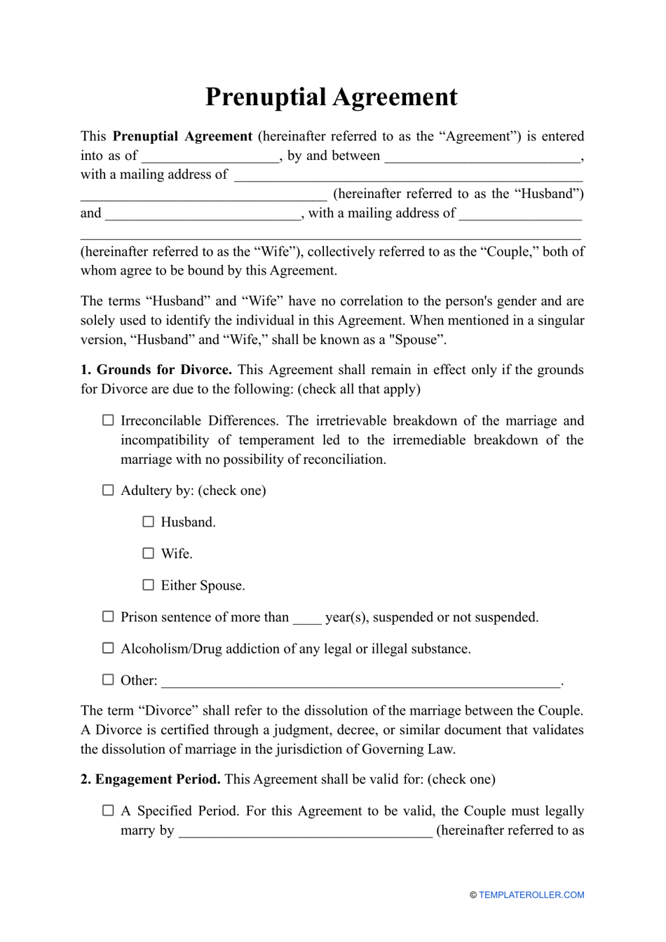 Prenuptial Agreement Template, Page 1
