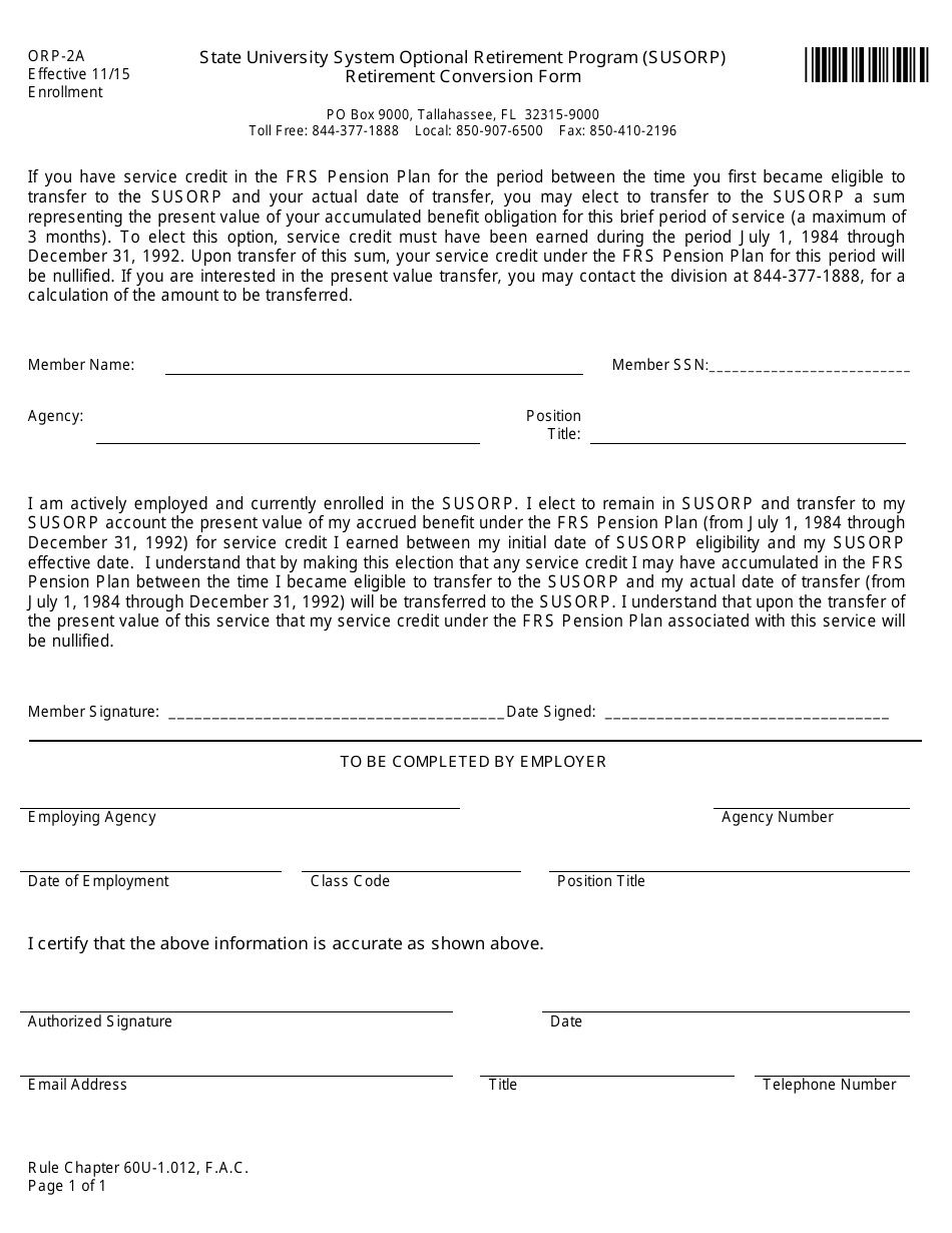 Form ORP-2A Retirement Conversion Form - State University System Optional Retirement Program (Susorp) - Florida, Page 1