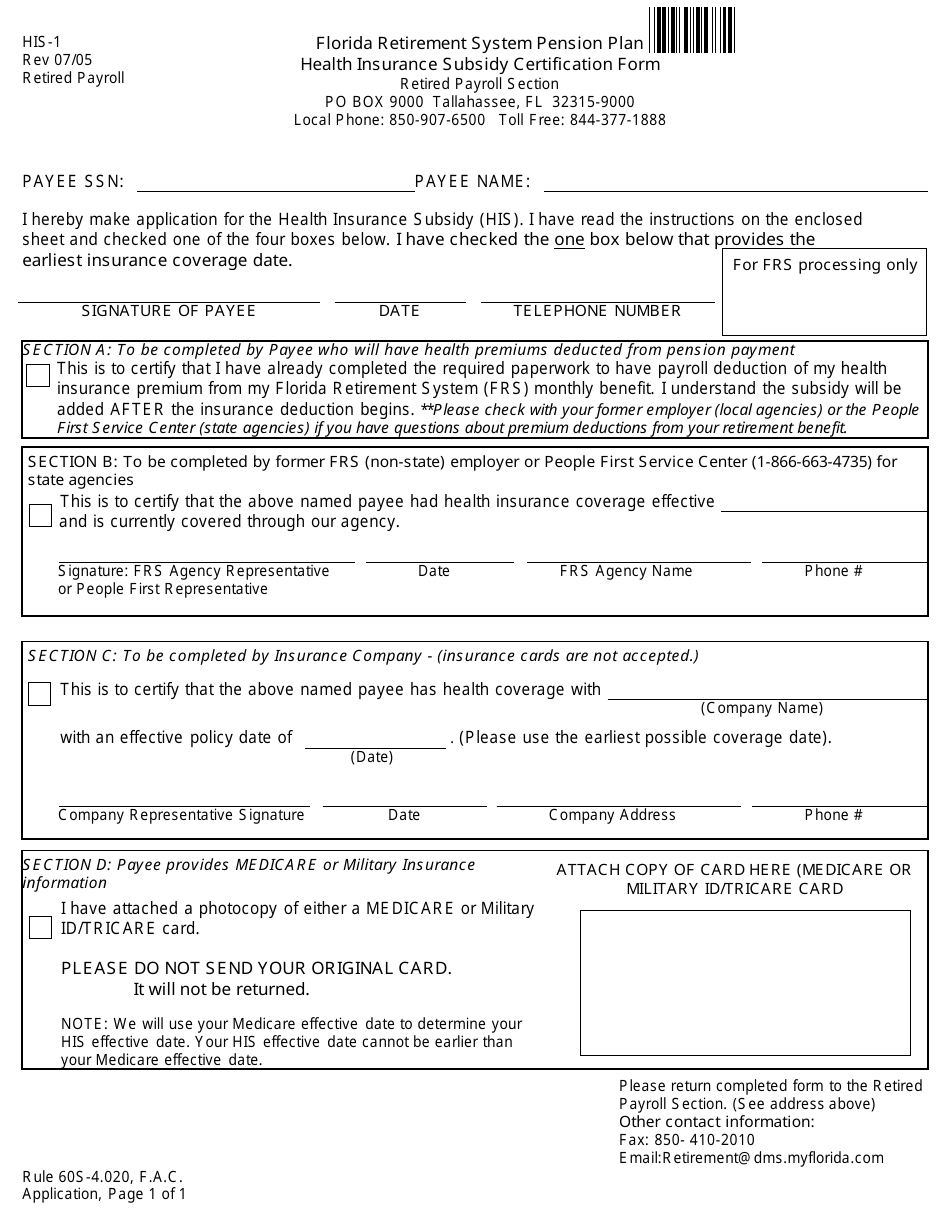 Form HIS-1 Health Insurance Subsidy Certification Form - Florida, Page 1