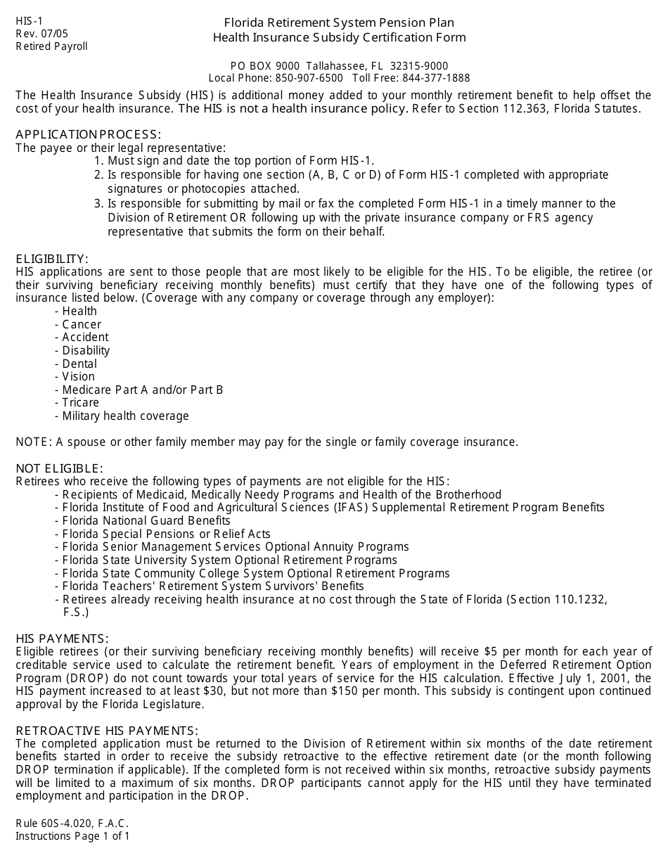 Form HIS-1 - Fill Out, Sign Online and Download Fillable PDF, Florida ...