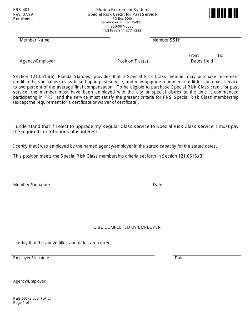 Form FRS-401 Special Risk Credit for Past Service - Florida, Page 1