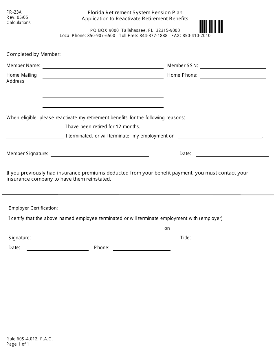 Form FR-23A Application to Reactivate Retirement Benefits - Florida Retirement System Pension Plan - Florida, Page 1