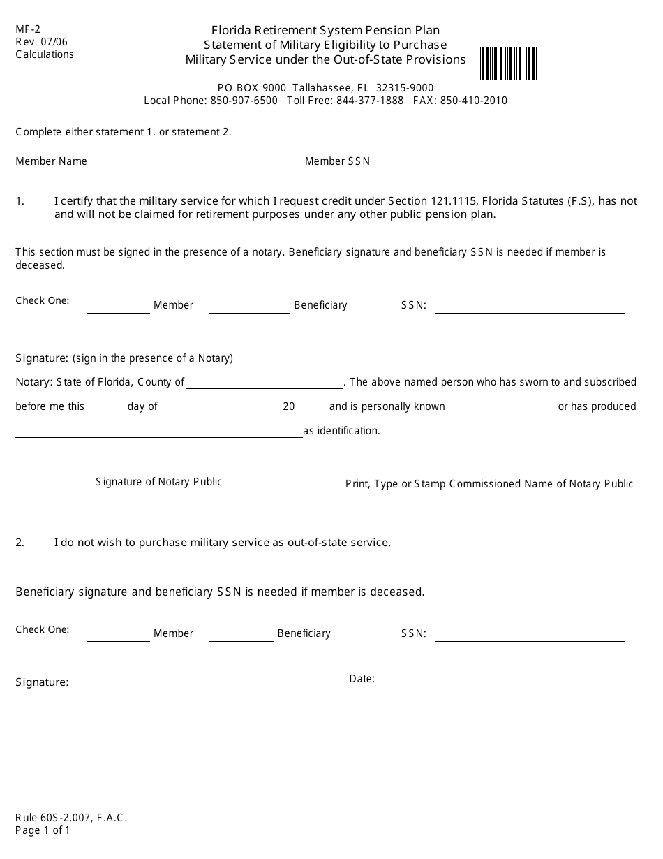 Form MF-2 Statement of Military Eligibility to Purchase Military Service Under the Out-of-State Provisions - Florida, Page 1