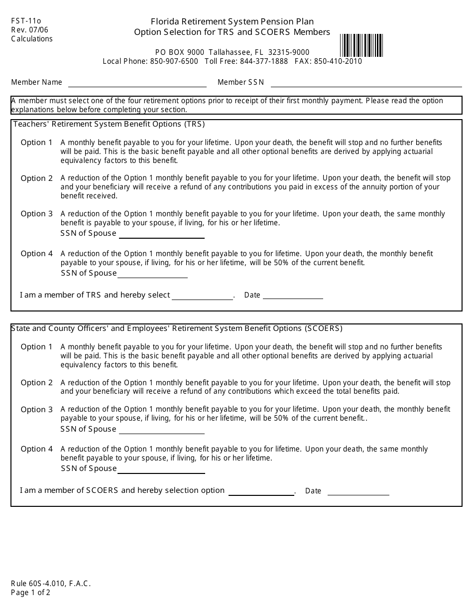 Form FST-11O Option Selection for Trs and Scoers Members - Florida, Page 1