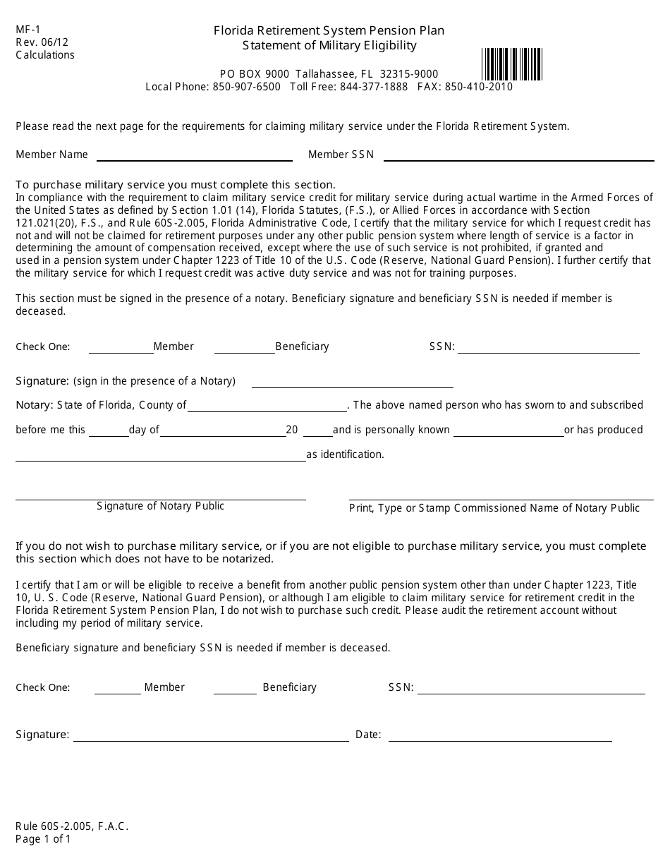 Form MF-1 Statement of Military Eligibility - Florida, Page 1