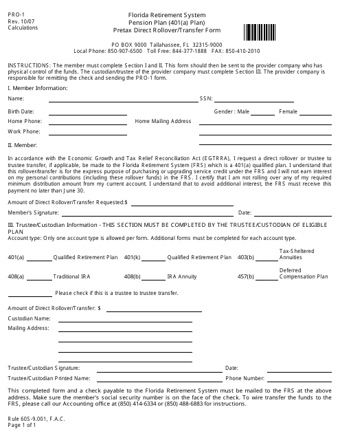 Form PRO-1 Pretax Direct Rollover/Transfer Form - Florida