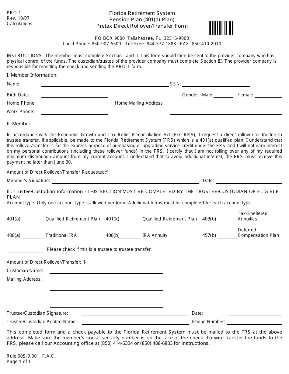 Form PRO-1 Pretax Direct Rollover / Transfer Form - Florida, Page 1
