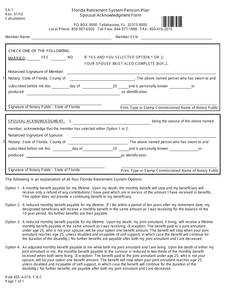 Form SA-1 Spousal Acknowledgment Form - Florida, Page 1