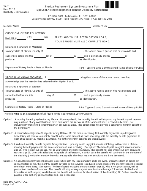 Form SA-2 Spousal Acknowledgment Form for Disability Retirement - Florida