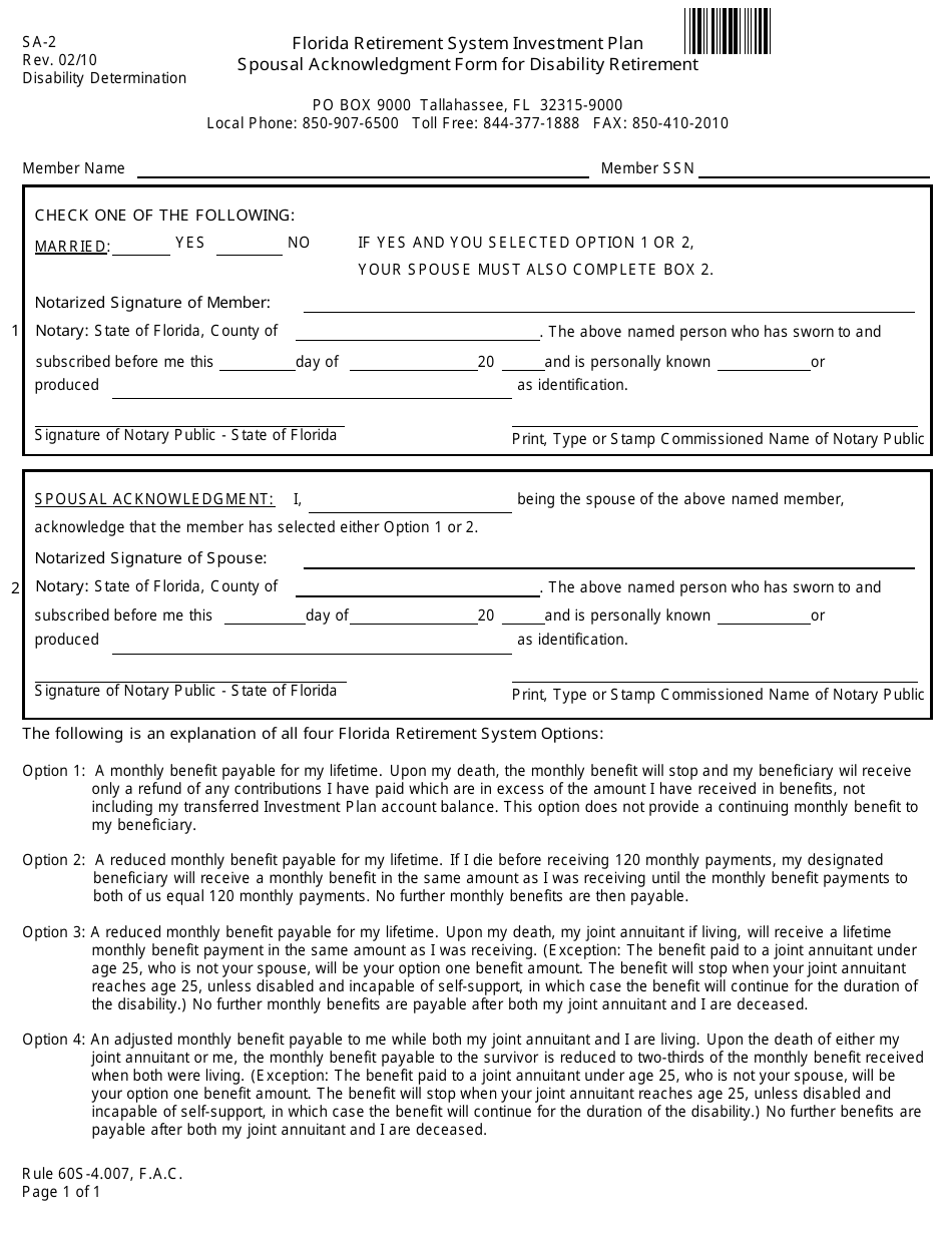Form SA-2 Spousal Acknowledgment Form for Disability Retirement - Florida, Page 1