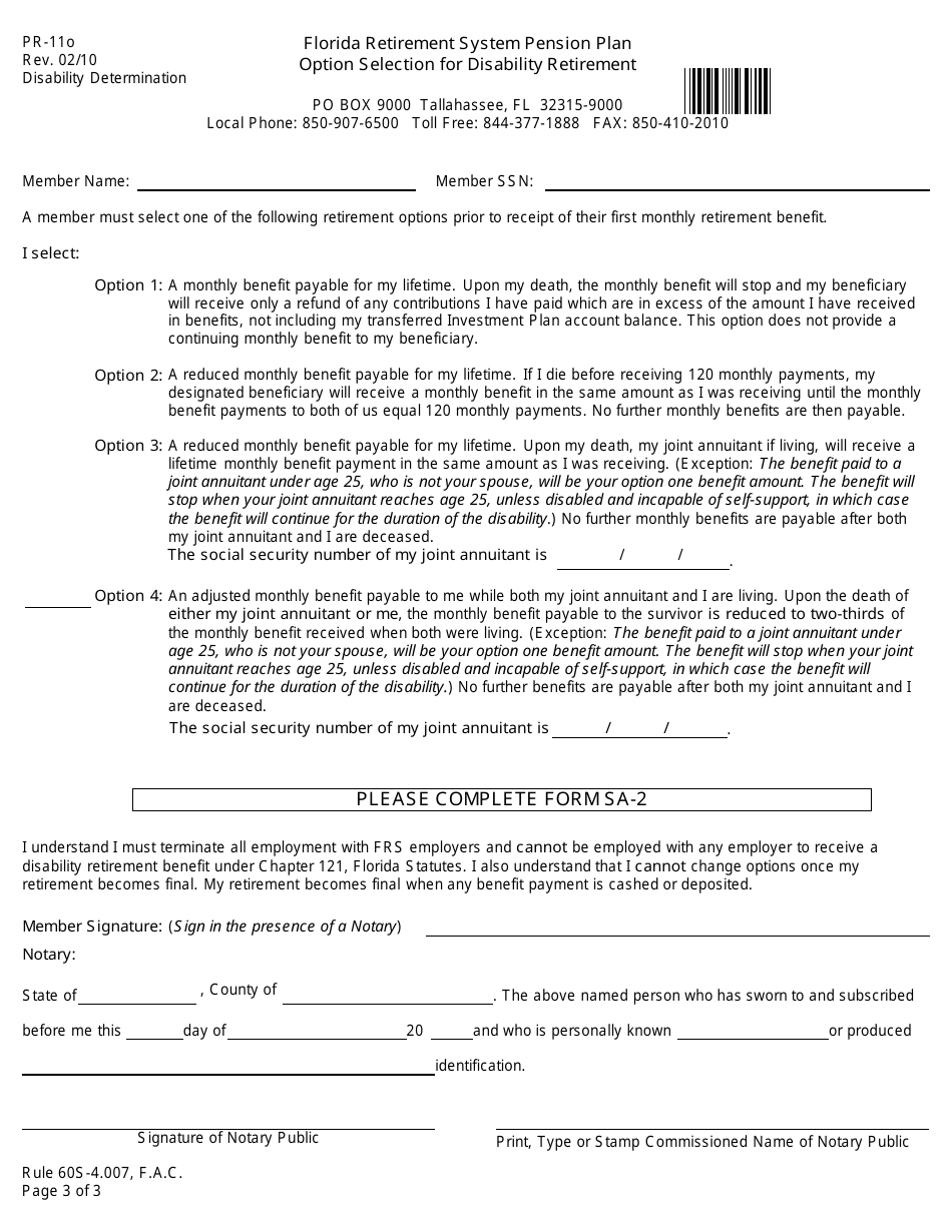 Form PR-11O Option Selection for Disability Retirement - Florida, Page 3