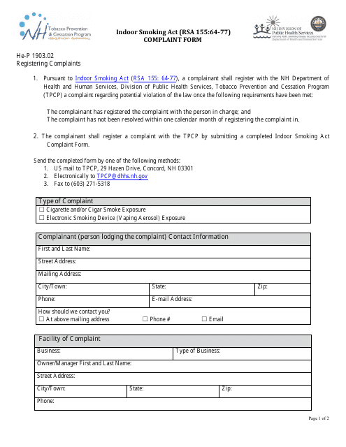 Indoor Smoking Act (Rsa 155:64-77) Complaint Form - New Hampshire Download Pdf