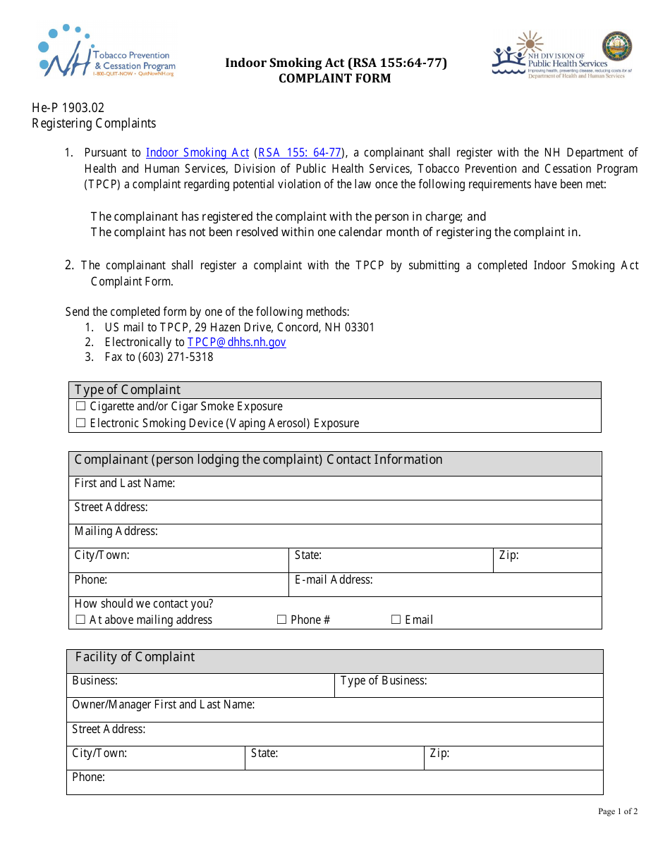 Indoor Smoking Act (Rsa 155:64-77) Complaint Form - New Hampshire, Page 1