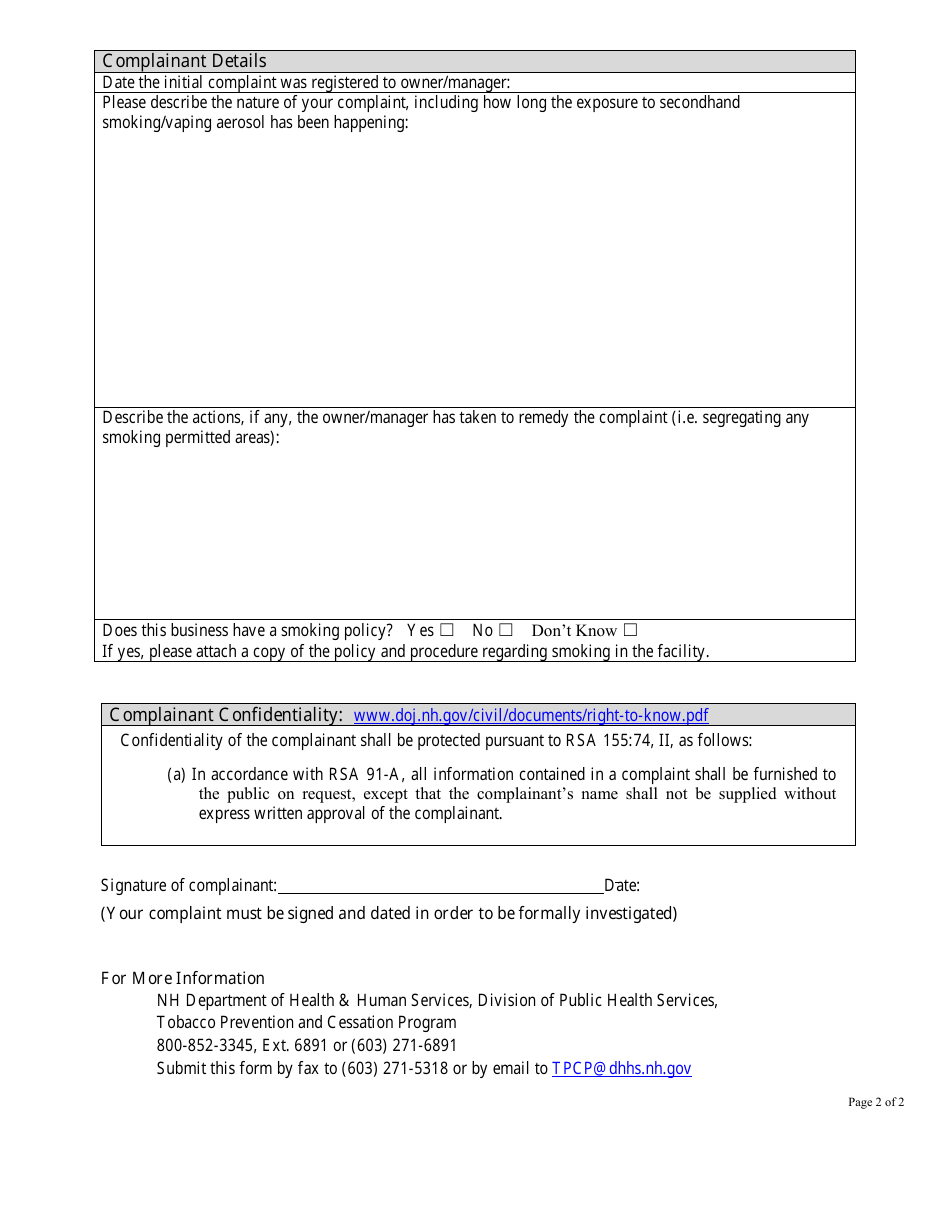 Indoor Smoking Act (Rsa 155:64-77) Complaint Form - New Hampshire, Page 2
