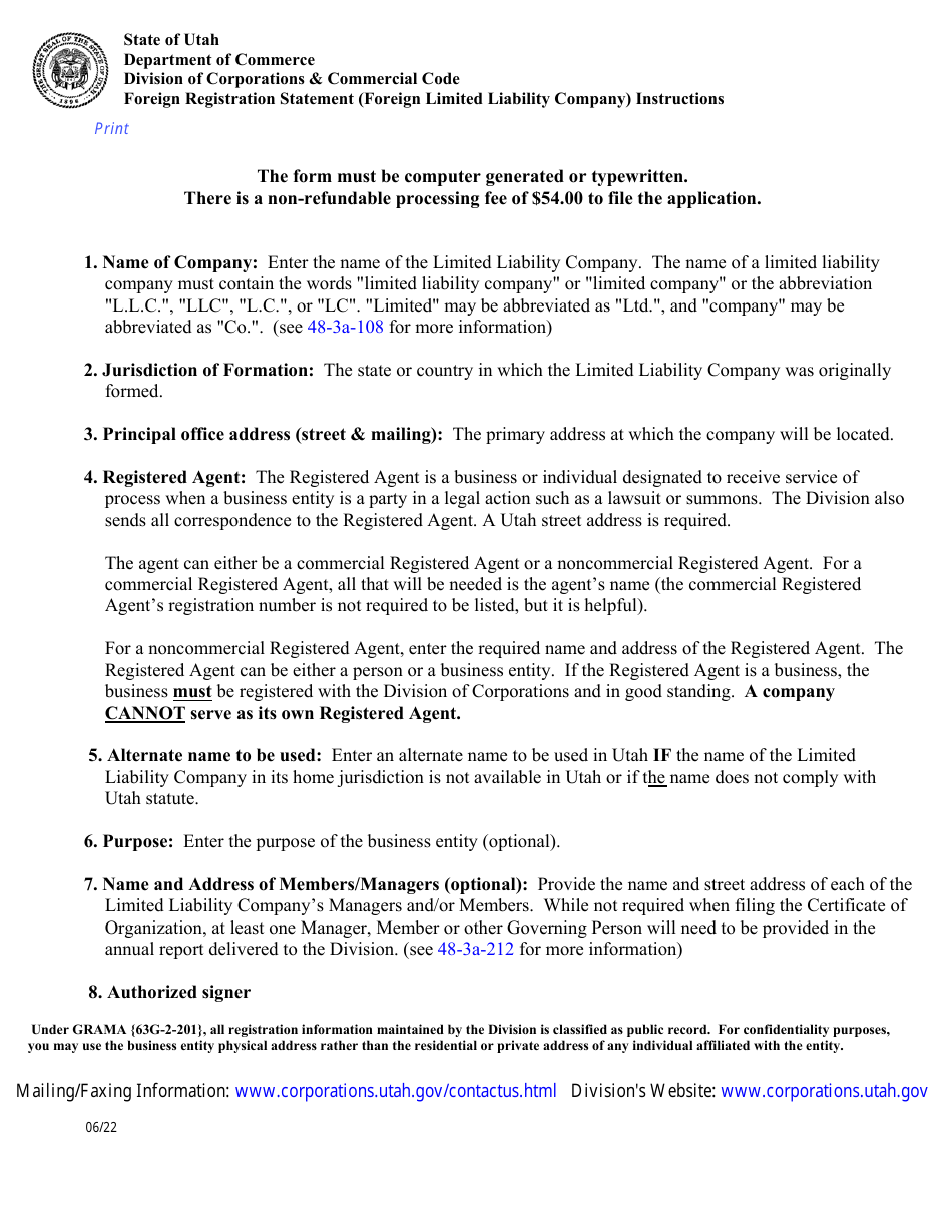 Instructions for Foreign Registration Statement (Foreign Limited Liability Company) - Utah, Page 1