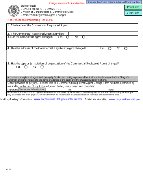 Commercial Registered Agent Changes - Utah Download Pdf