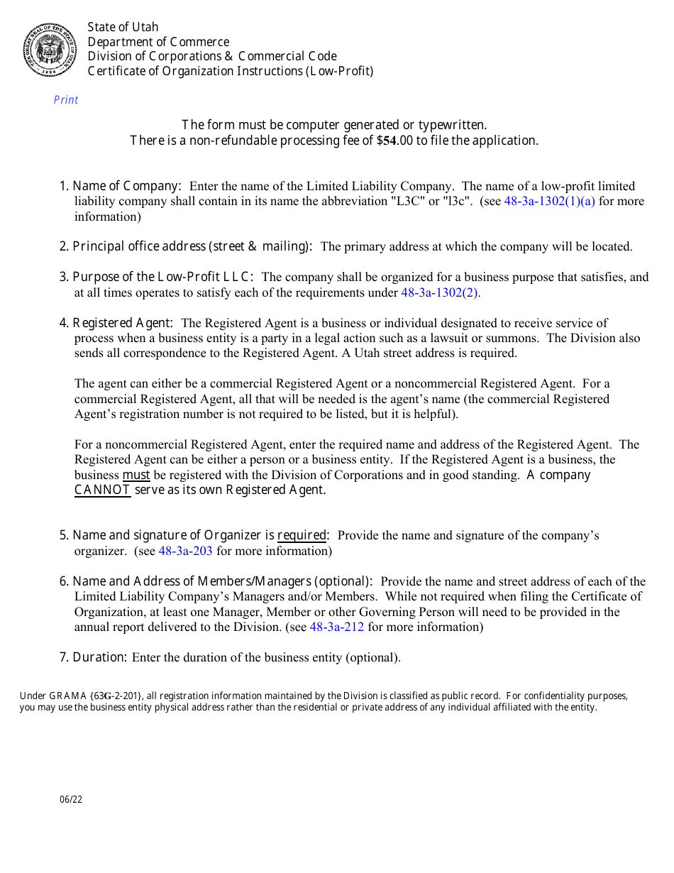 Instructions for Certificate of Organization (Low-Profit Limited Liability Company) - Utah, Page 1