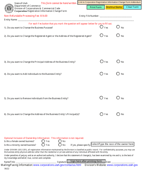 Corporation Registration Information Change Form - Utah Download Pdf