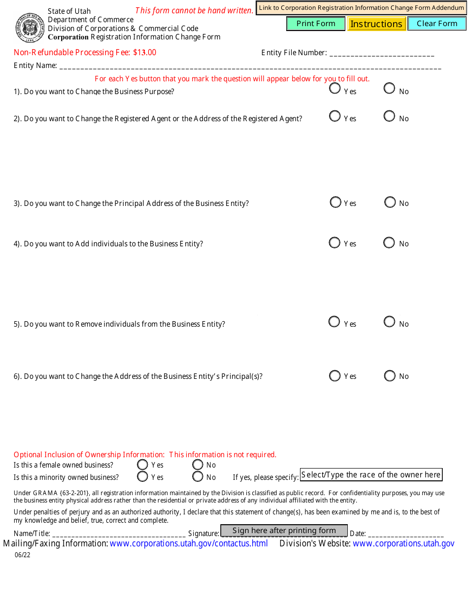 Corporation Registration Information Change Form - Utah, Page 1