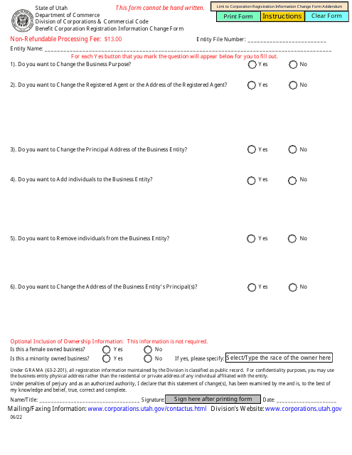 Benefit Corporation Registration Information Change Form - Utah Download Pdf