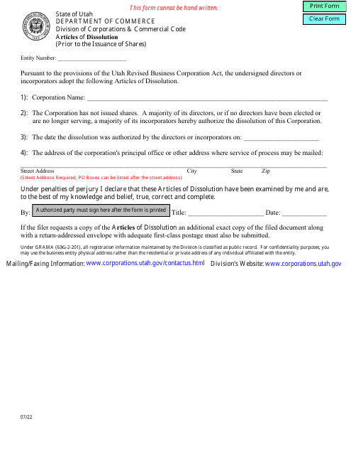 Articles of Dissolution (Prior to the Issuance of Shares) - Utah Download Pdf