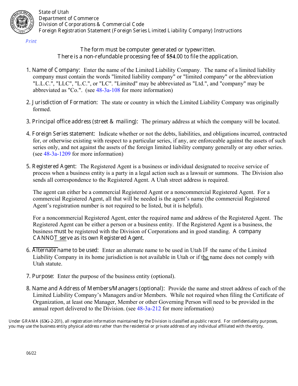 Instructions for Foreign Registration Statement (Foreign Series Limited Liability Company) - Utah, Page 1