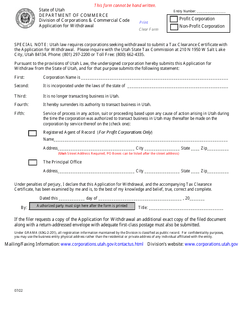 Application for Withdrawal - Utah Download Pdf