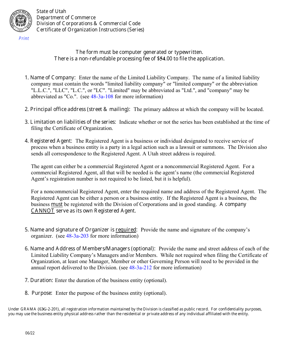 Instructions for Certificate of Organization (Series Limited Liability Company) - Utah, Page 1