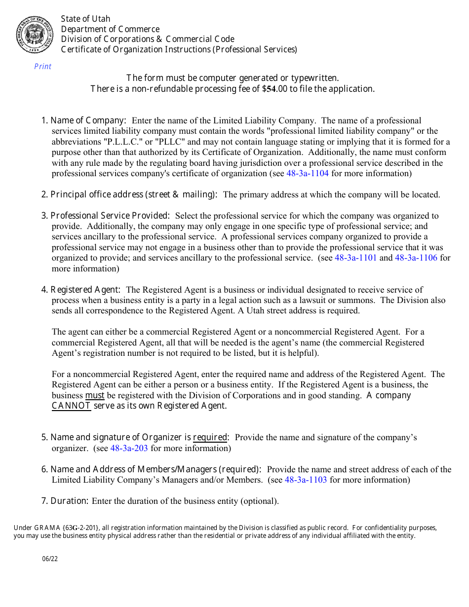 Instructions for Certificate of Organization (Professional Services Limited Liability Company) - Utah, Page 1