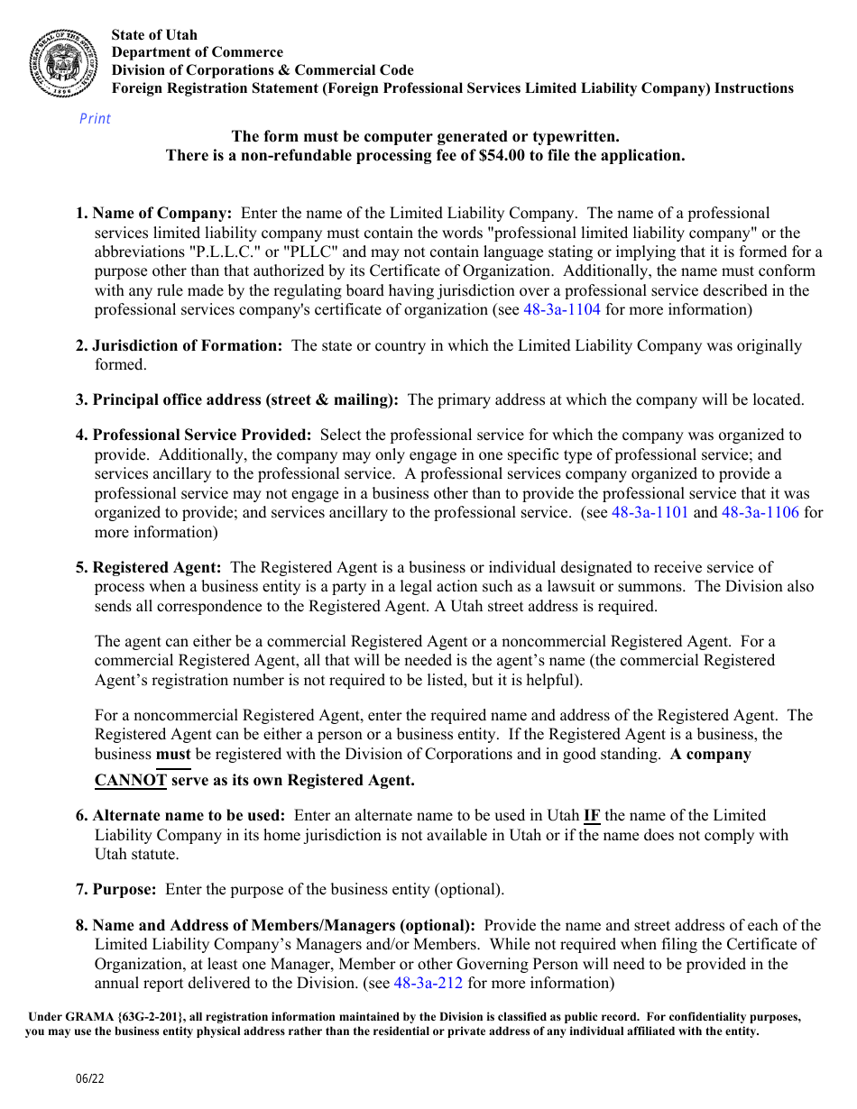 Instructions for Foreign Registration Statement (Foreign Professional Services Limited Liability Company) - Utah, Page 1
