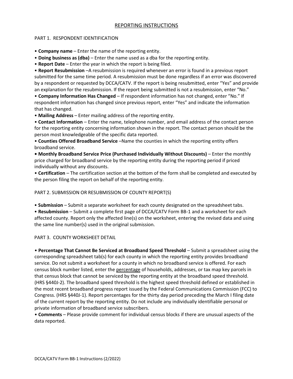 Instructions for Form BB-1 Annual Broadband Service Report - Hawaii, Page 2