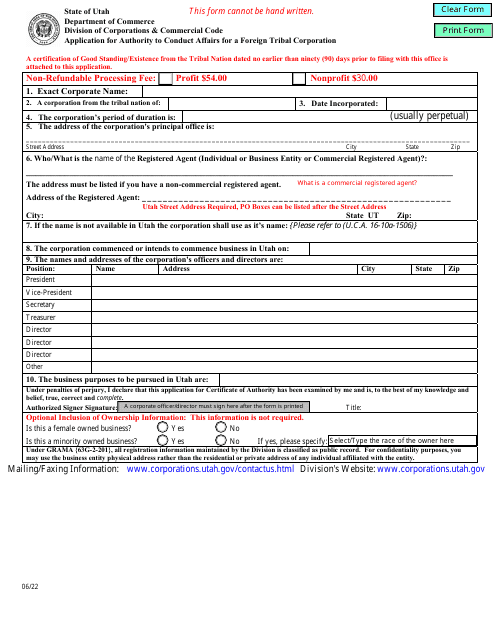 Application for Authority to Conduct Affairs for a Foreign Tribal Corporation - Utah