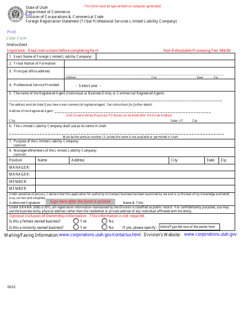 Foreign Registration Statement (Tribal Professional Services Limited Liability Company) - Utah Download Pdf