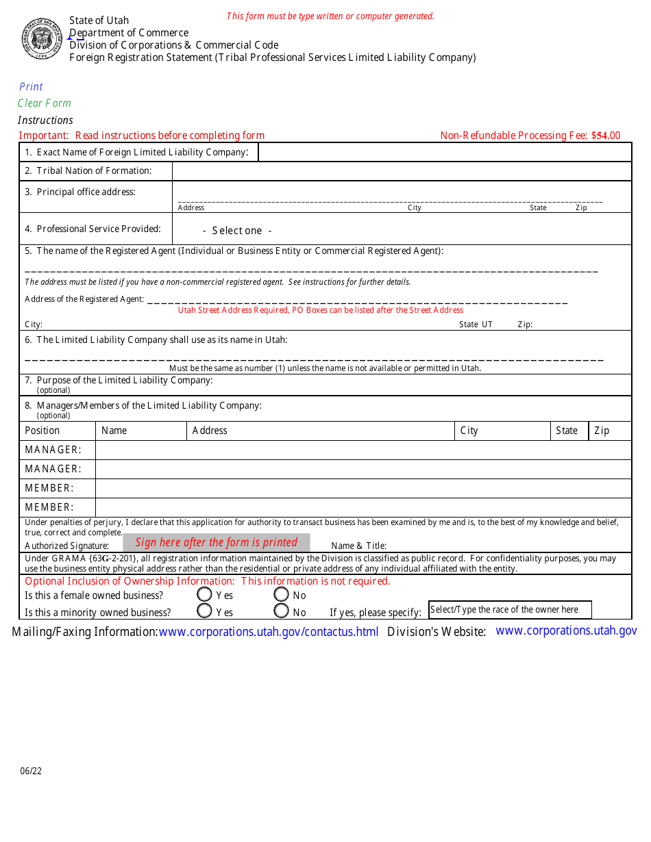 Foreign Registration Statement (Tribal Professional Services Limited Liability Company) - Utah, Page 1