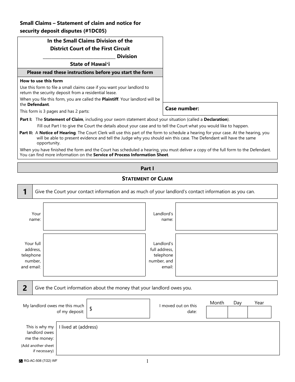 Form 1DC05 Small Claims: Statement of Claim (Security Deposit) - Hawaii, Page 1