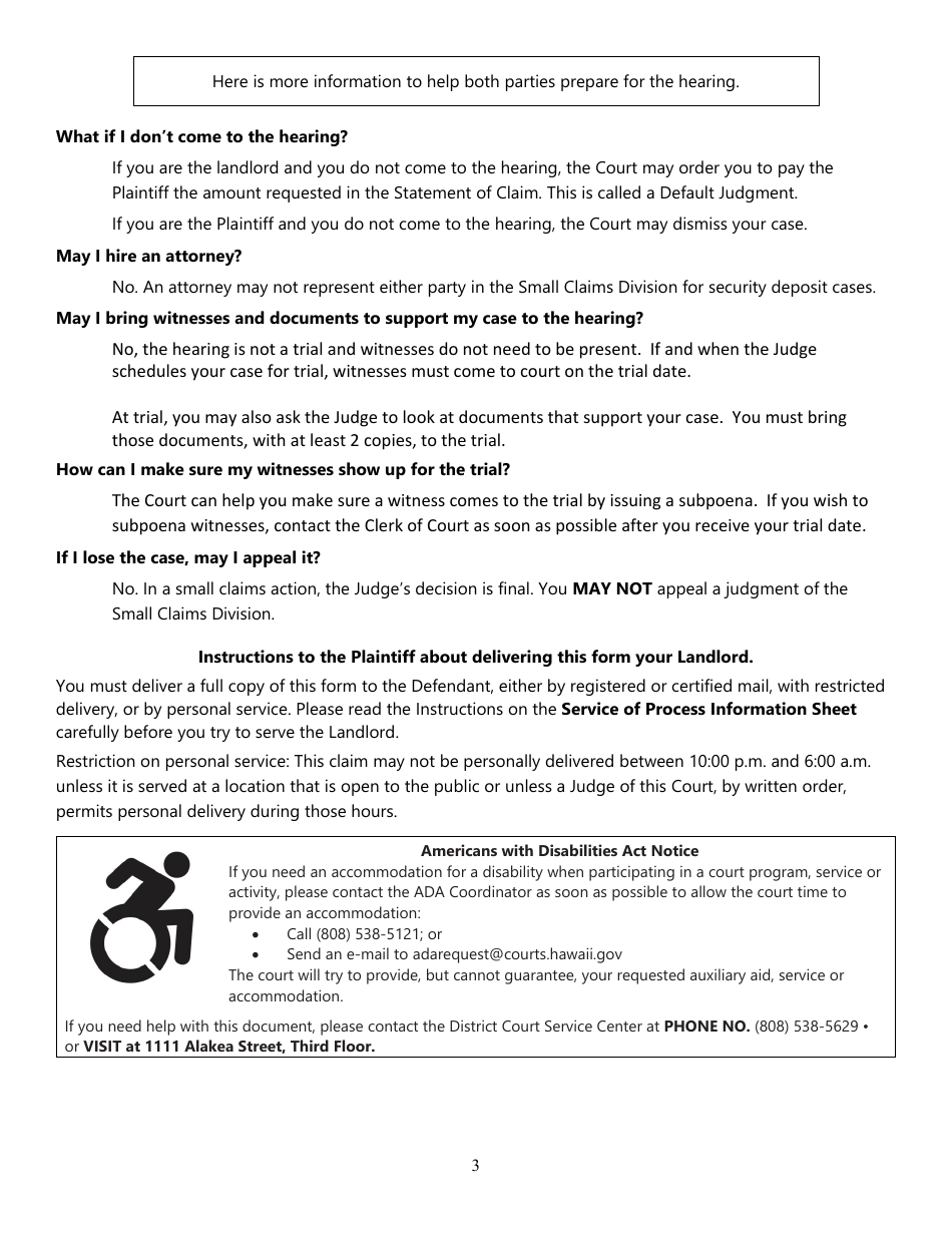 Form 1DC05 Small Claims: Statement of Claim (Security Deposit) - Hawaii, Page 3
