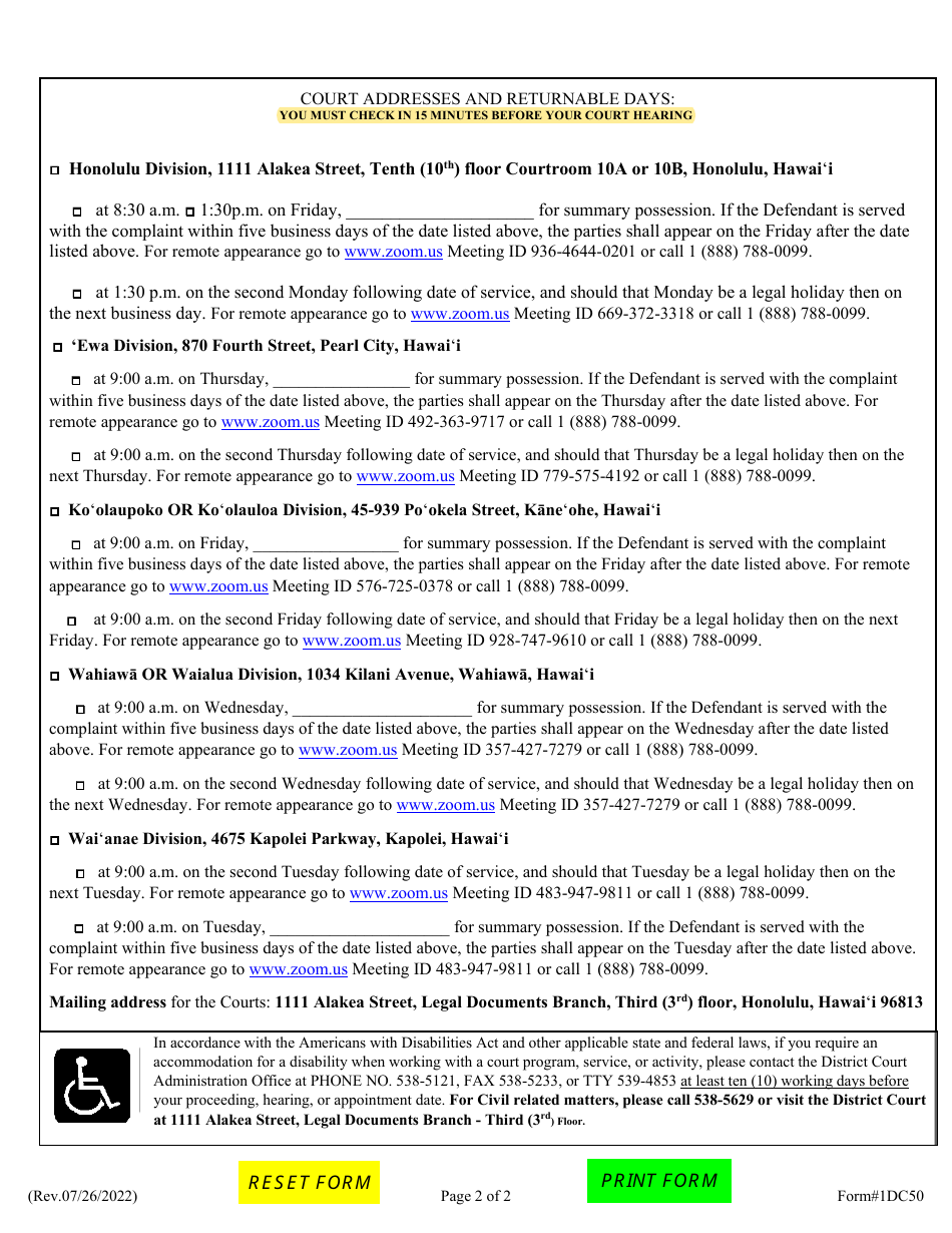 Form 1DC50 Summons - Hawaii, Page 2