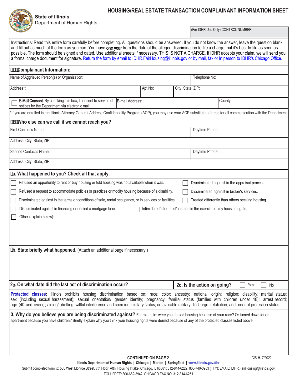 Form CIS-H Download Fillable PDF or Fill Online Housing/Real Estate ...