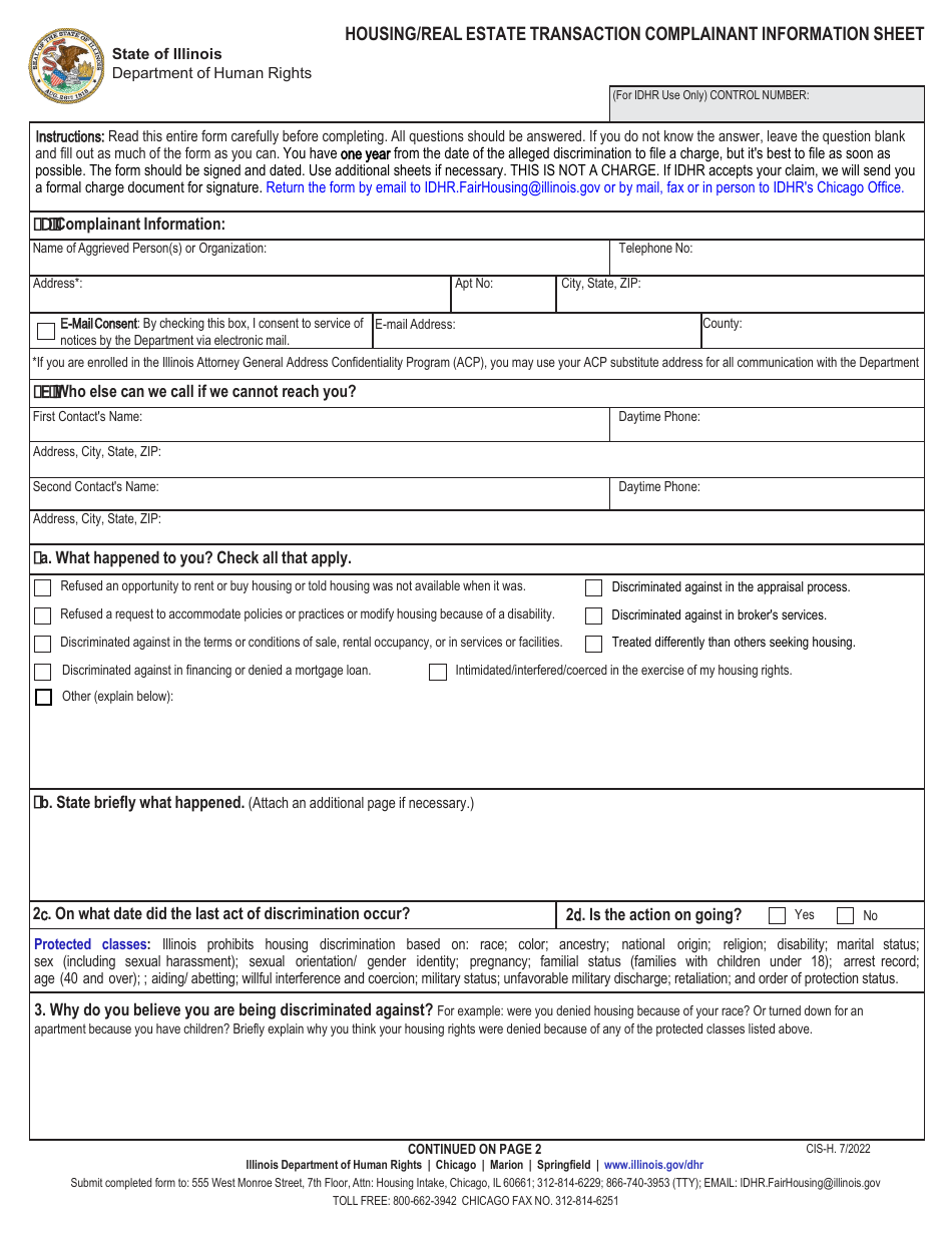 Form CIS-H Housing / Real Estate Transaction Complainant Information Sheet - Illinois, Page 1