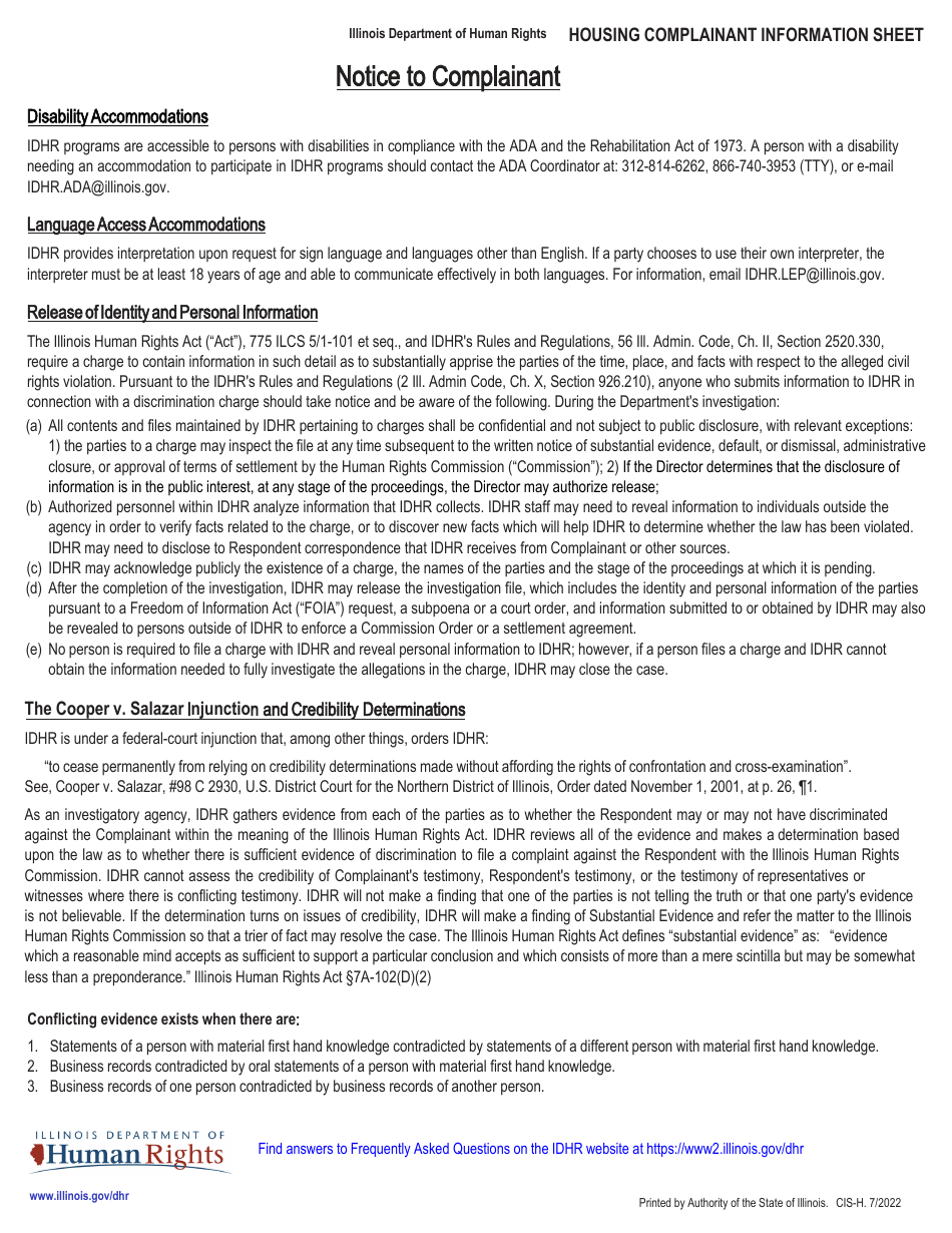 Form CIS-H Housing / Real Estate Transaction Complainant Information Sheet - Illinois, Page 3