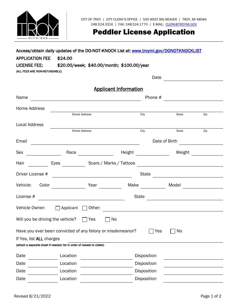 Peddler License Application - City of Troy, Michigan, Page 2