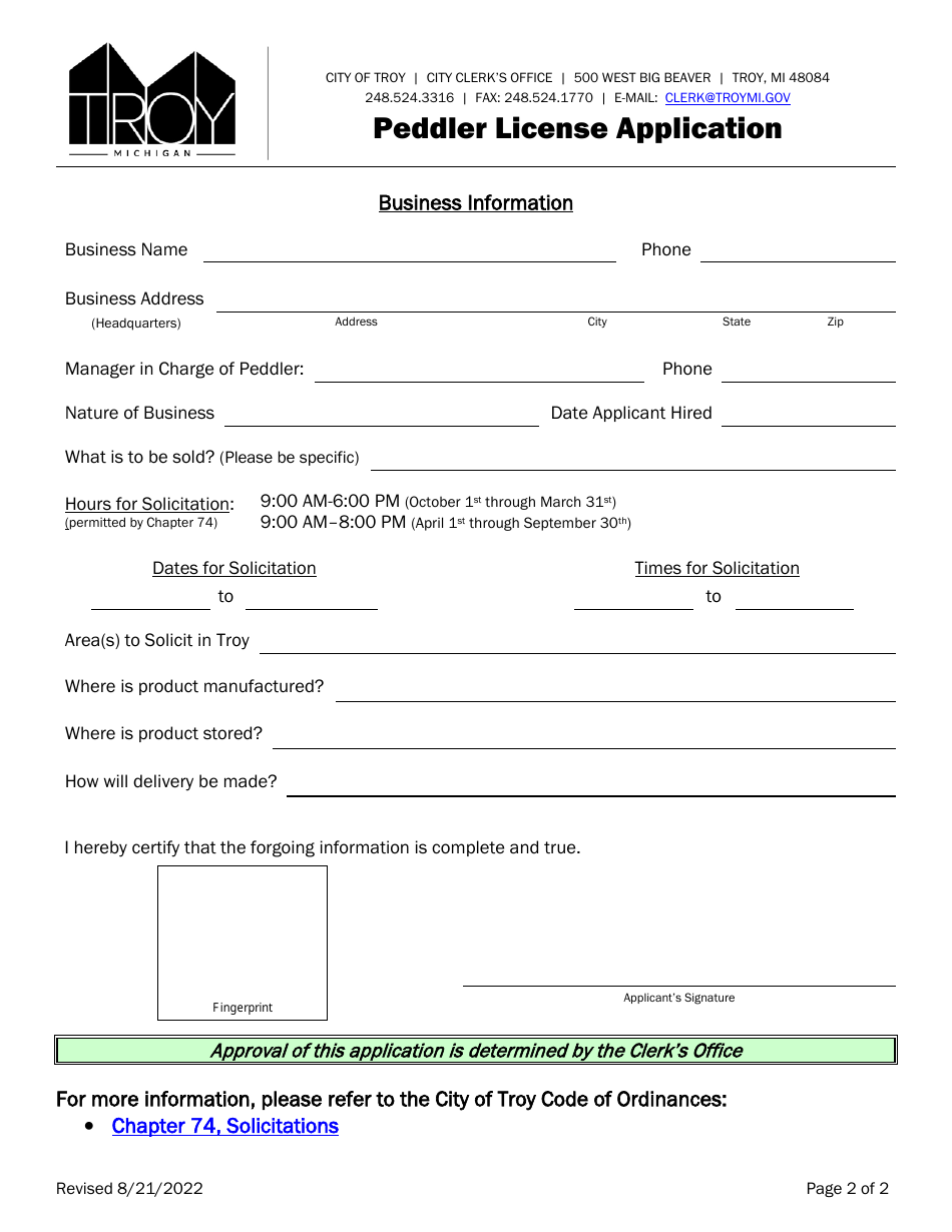 Peddler License Application - City of Troy, Michigan, Page 3