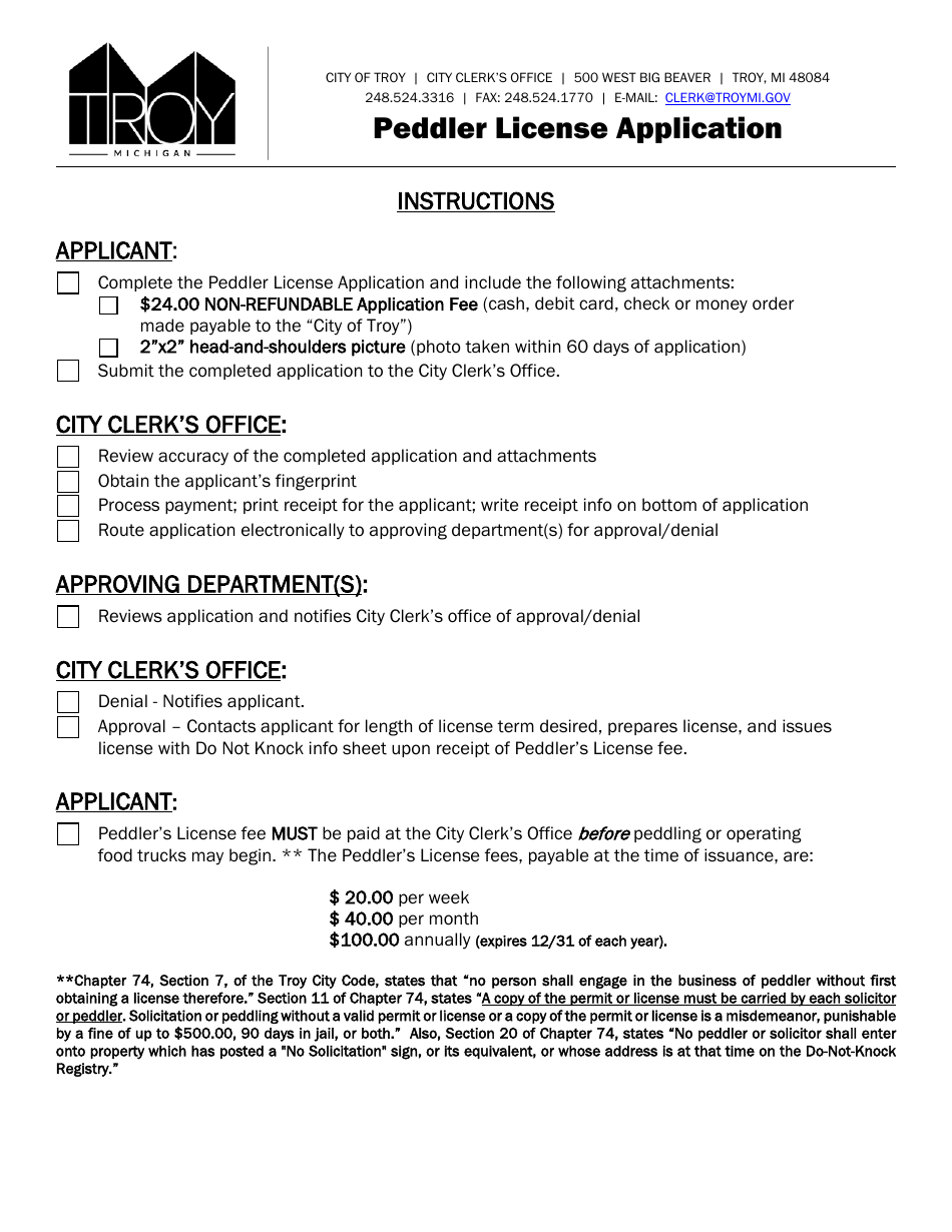 City of Troy, Michigan Peddler License Application Download Printable