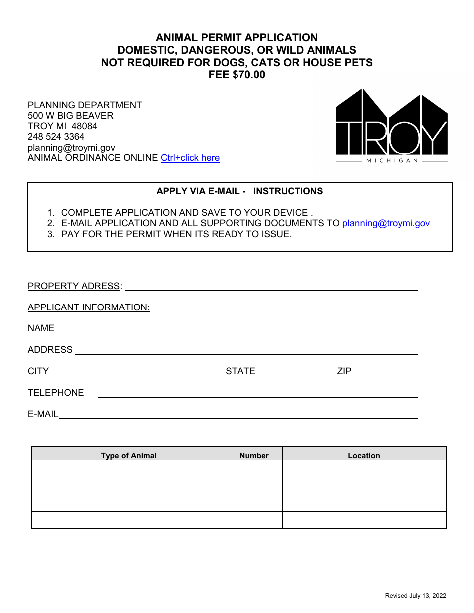 Animal Permit Application - Domestic, Dangerous, or Wild Animals - City of Troy, Michigan, Page 1