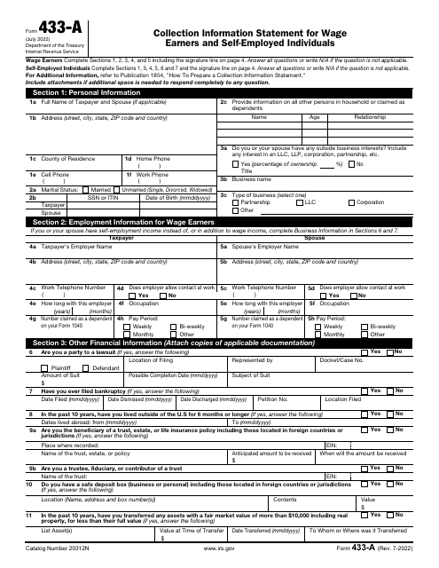 Document preview: IRS Form 433-A Collection Information Statement for Wage Earners and Self-employed Individuals