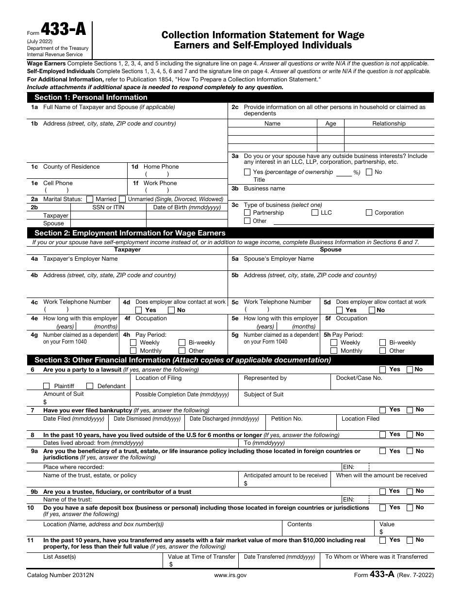 IRS Form 433-A Collection Information Statement for Wage Earners and Self-employed Individuals, Page 1