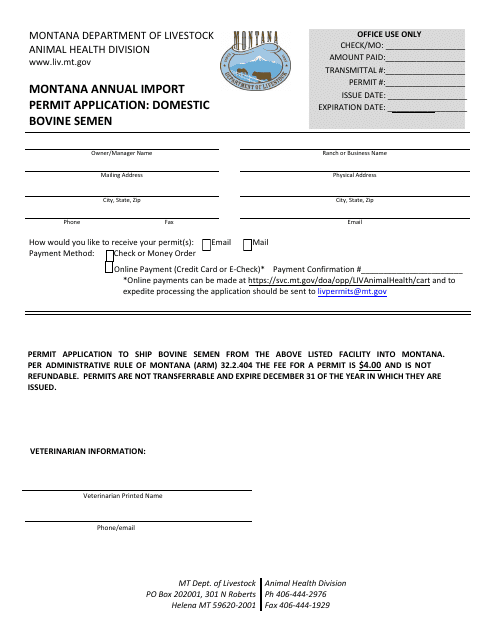 Montana Annual Import Permit Application: Domestic Bovine Semen - Montana Download Pdf